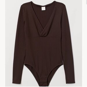 H&M Brown Ribbed Long Sleeve V-Neck Bodysuit